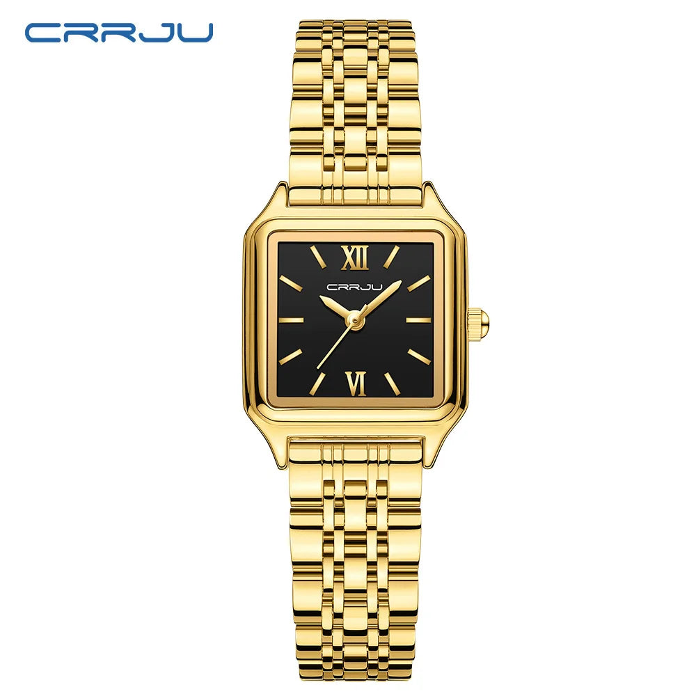 CRRJU Women's Gold-Tone Dainty Watch, Retro Style Rectangular Case and Stainless Steel Band, Gift for Her