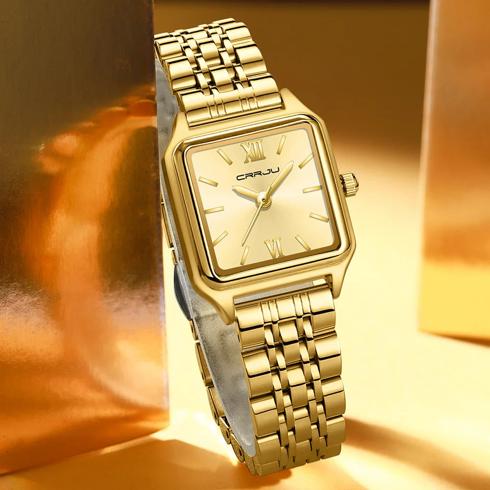 CRRJU Women's Gold-Tone Dainty Watch, Retro Style Rectangular Case and Stainless Steel Band, Gift for Her