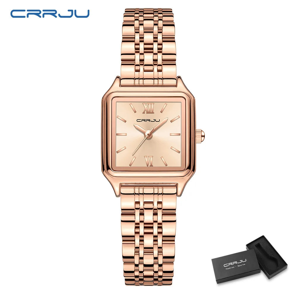 CRRJU Women's Gold-Tone Dainty Watch, Retro Style Rectangular Case and Stainless Steel Band, Gift for Her