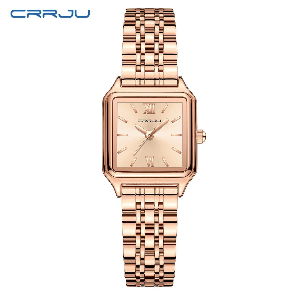 CRRJU Women's Gold-Tone Dainty Watch, Retro Style Rectangular Case and Stainless Steel Band, Gift for Her