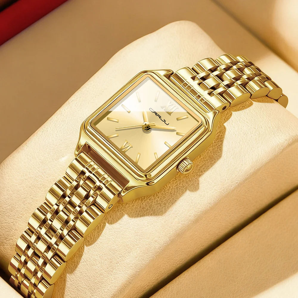 CRRJU Women's Gold-Tone Dainty Watch, Retro Style Rectangular Case and Stainless Steel Band, Gift for Her