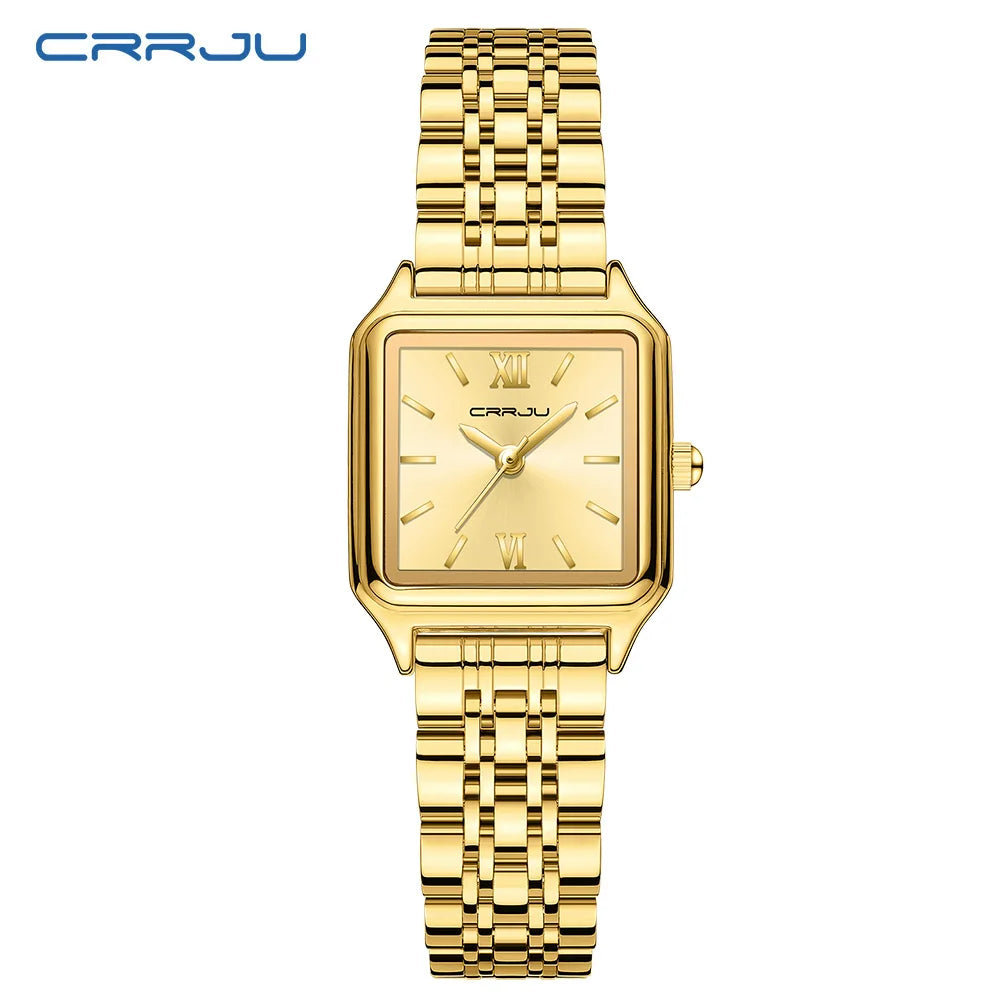 CRRJU Women's Gold-Tone Dainty Watch, Retro Style Rectangular Case and Stainless Steel Band, Gift for Her
