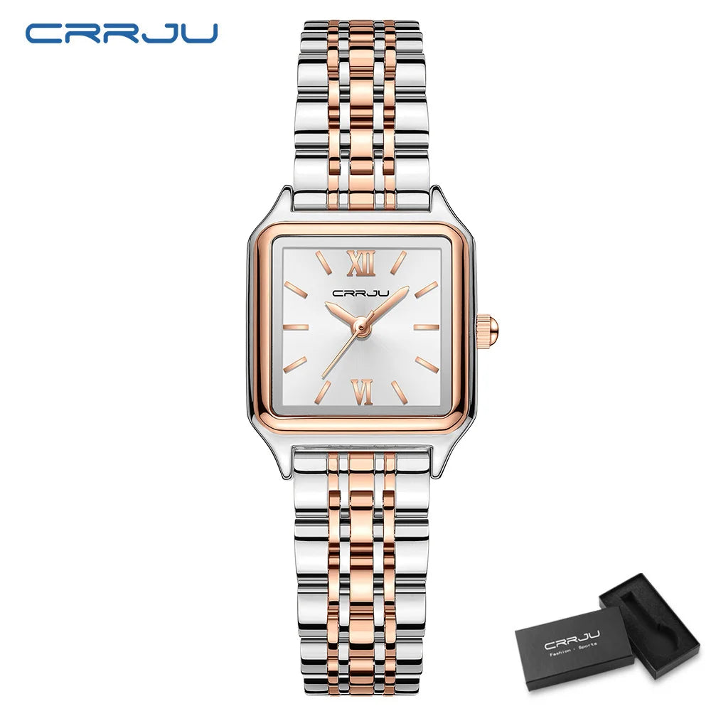 CRRJU Women's Gold-Tone Dainty Watch, Retro Style Rectangular Case and Stainless Steel Band, Gift for Her